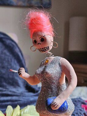 VINTAGE OAXACAN LADY OF THE NIGHT WITH CIGARETTE CLAY AND WIRE SCULPTURE